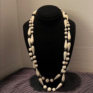 Elegant Black and Pearlized Cream Beaded Double Strand Necklace 14” Drop